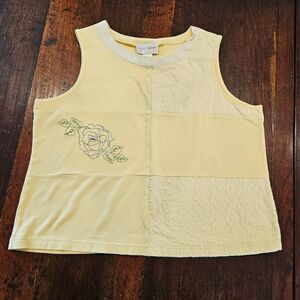 Women's Yellow 100% Cotton Sleevless Tank Patchwork Floral Embroidered Cottage